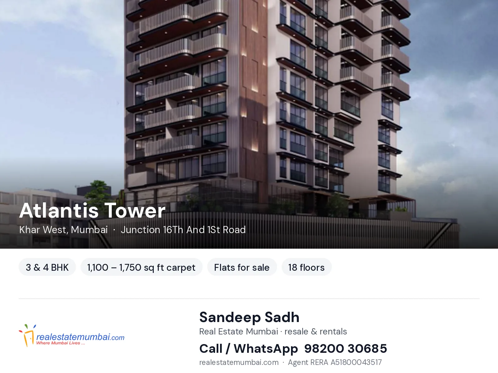 Atlantis Tower, Khar West, Mumbai — 3 & 4 BHK flats for sale | Real Estate Mumbai, Sandeep Sadh 98200 30685