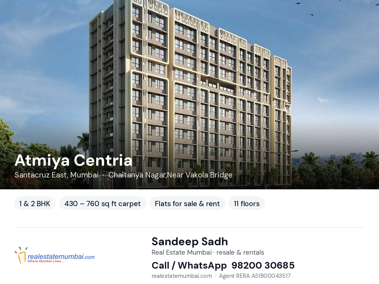 Atmiya Centria, Santacruz East, Mumbai — 1 & 2 BHK flats for sale & rent | Real Estate Mumbai, Sandeep Sadh 98200 30685