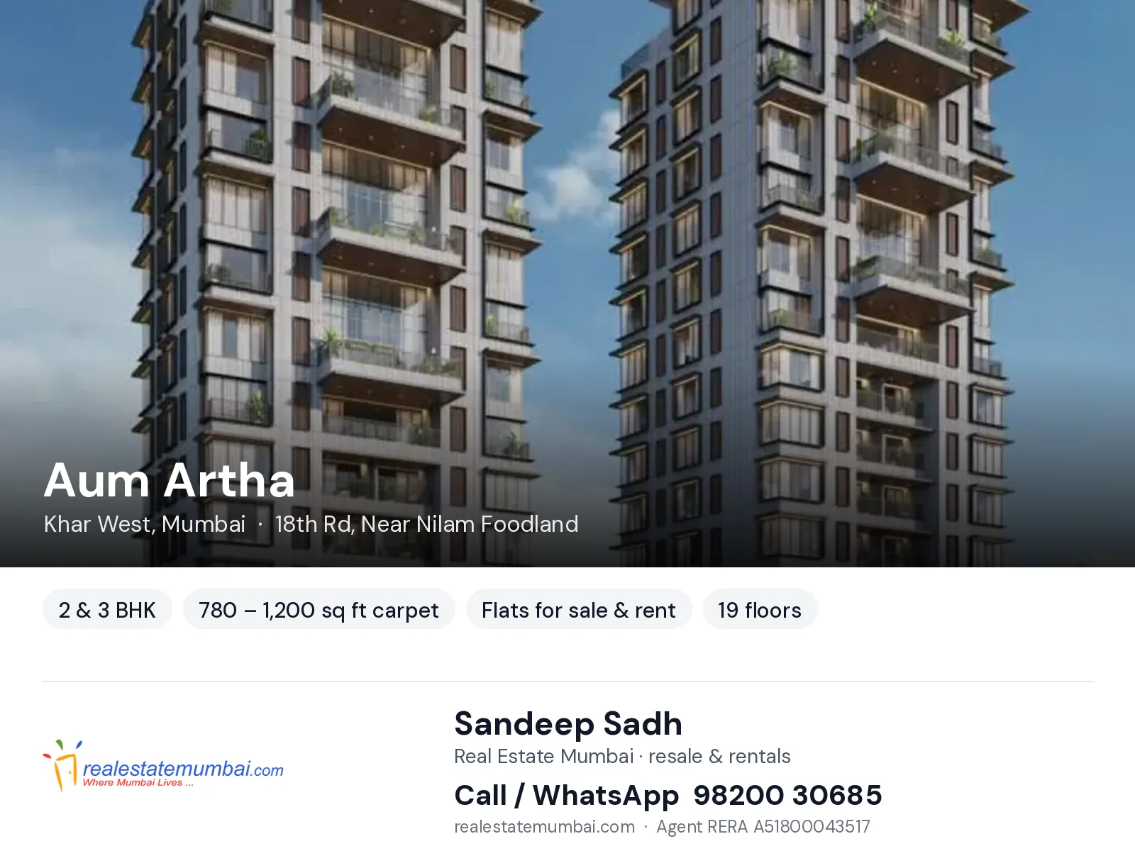 Aum Artha, Khar West, Mumbai — 2 & 3 BHK flats for sale & rent | Real Estate Mumbai, Sandeep Sadh 98200 30685