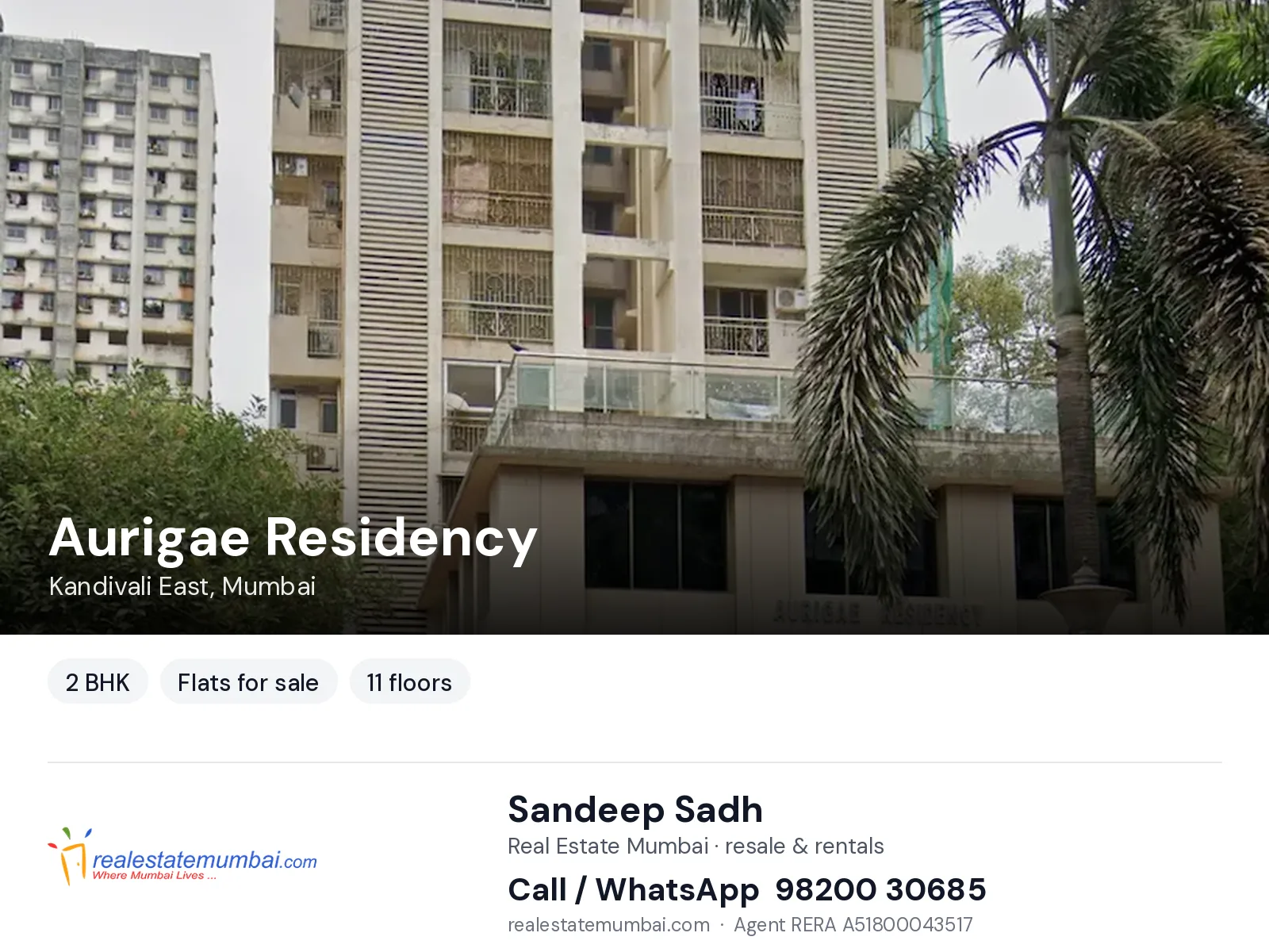 Aurigae Residency, Kandivali East, Mumbai — 2 BHK flats for sale | Real Estate Mumbai, Sandeep Sadh 98200 30685