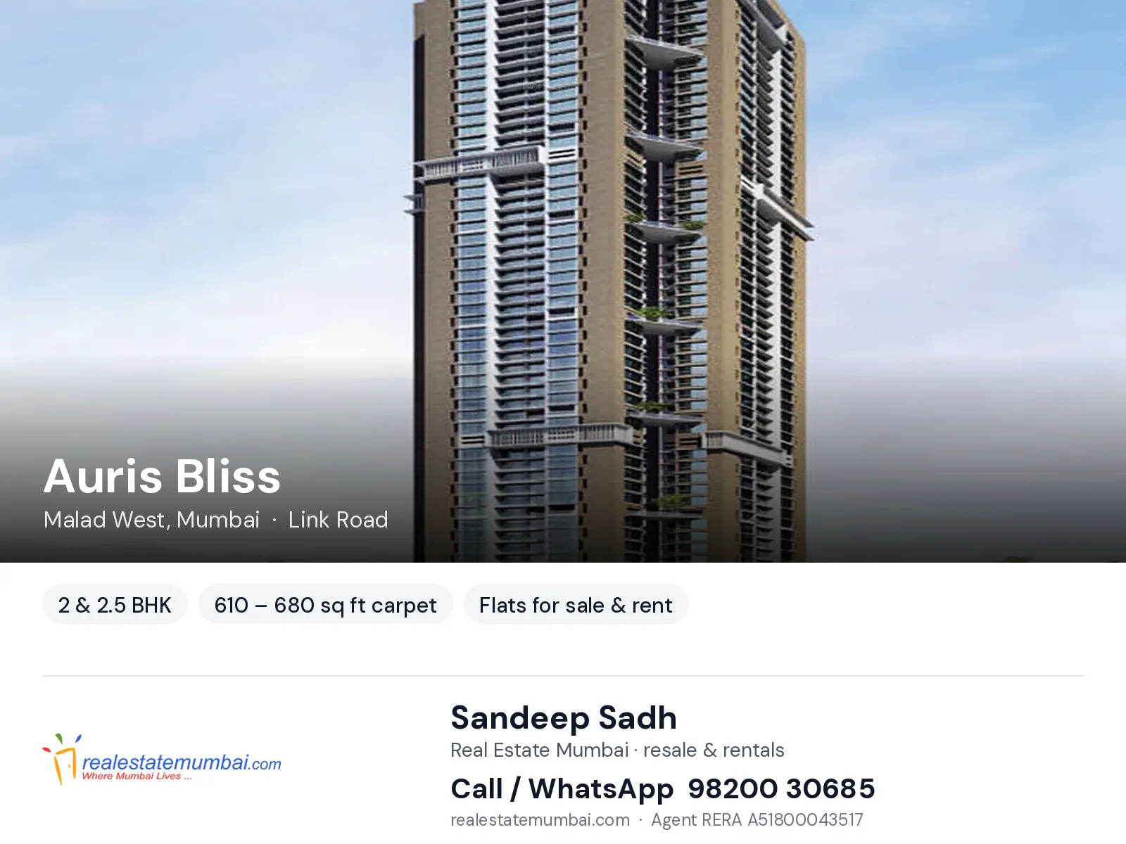 Auris Bliss, Malad West, Mumbai — 2 & 2.5 BHK flats for sale & rent | Real Estate Mumbai, Sandeep Sadh 98200 30685
