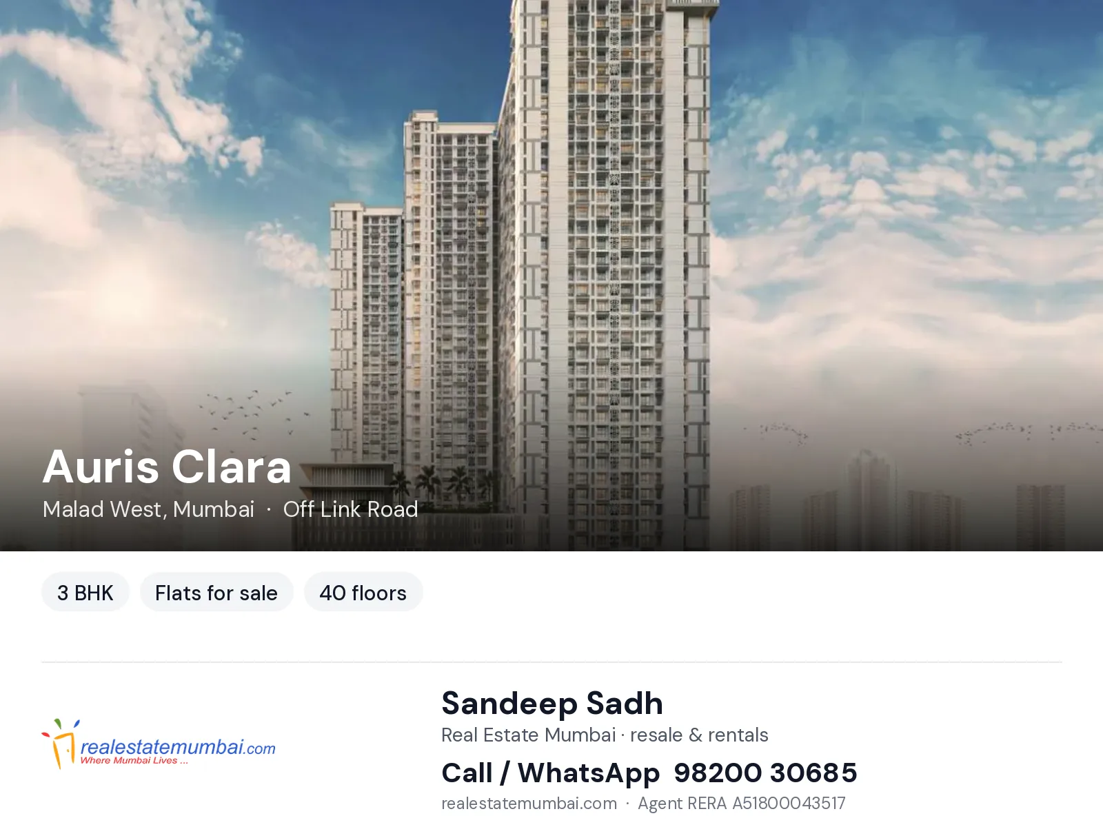 Auris Clara, Malad West, Mumbai — 3 BHK flats for sale | Real Estate Mumbai, Sandeep Sadh 98200 30685