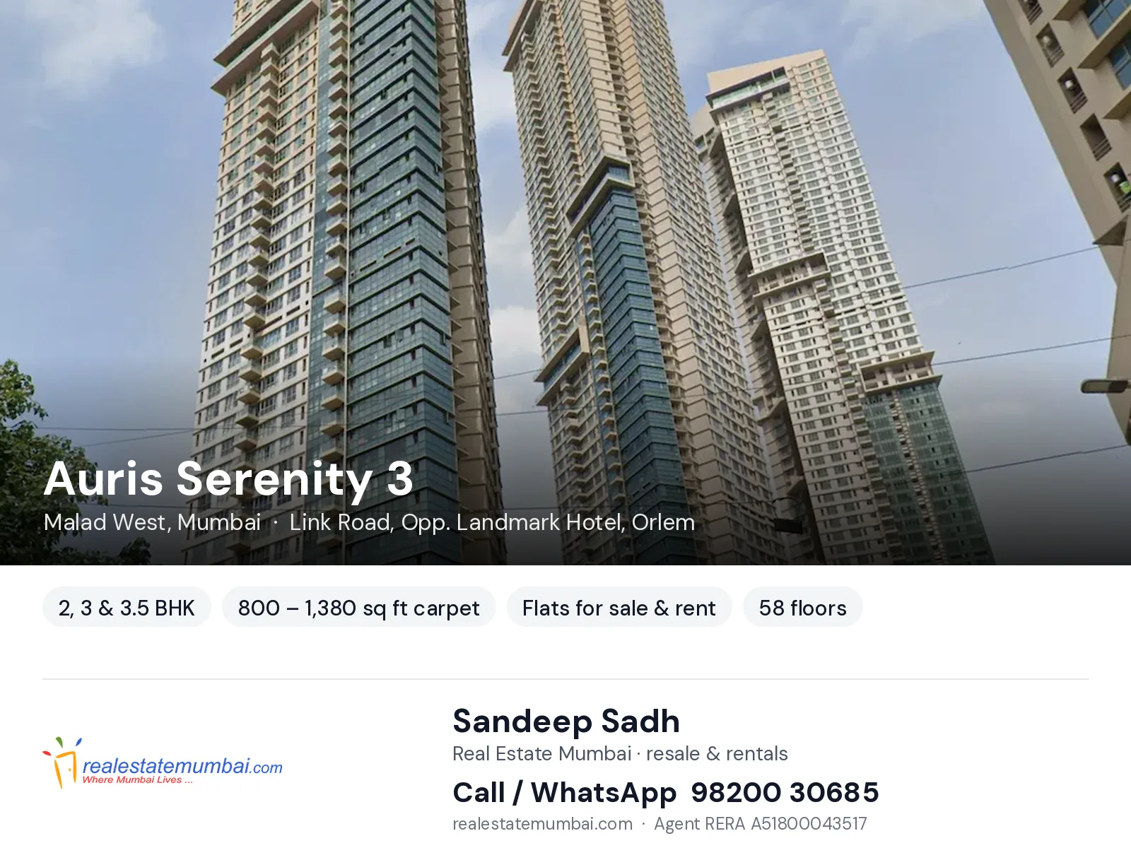 Auris Serenity 3, Malad West, Mumbai — 2, 3 & 3.5 BHK flats for sale & rent | Real Estate Mumbai, Sandeep Sadh 98200 30685