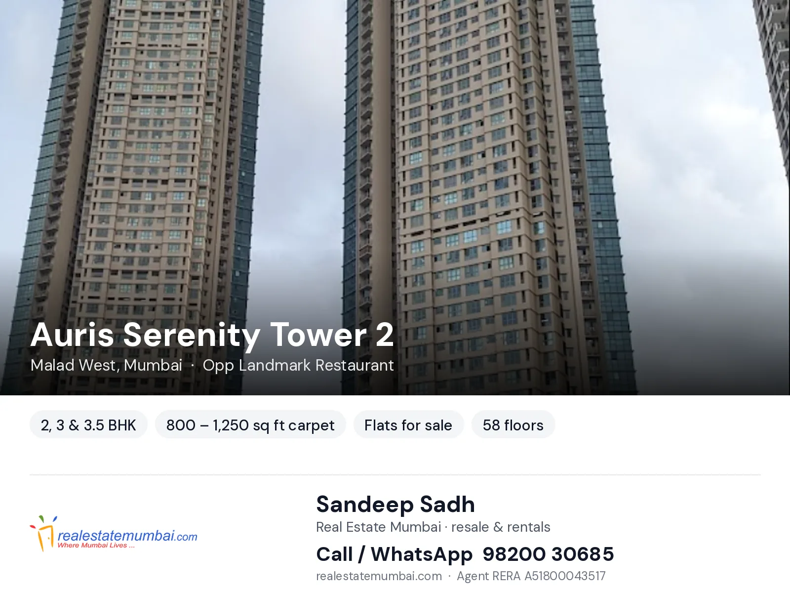 Auris Serenity Tower 2, Malad West, Mumbai — 2, 3 & 3.5 BHK flats for sale | Real Estate Mumbai, Sandeep Sadh 98200 30685