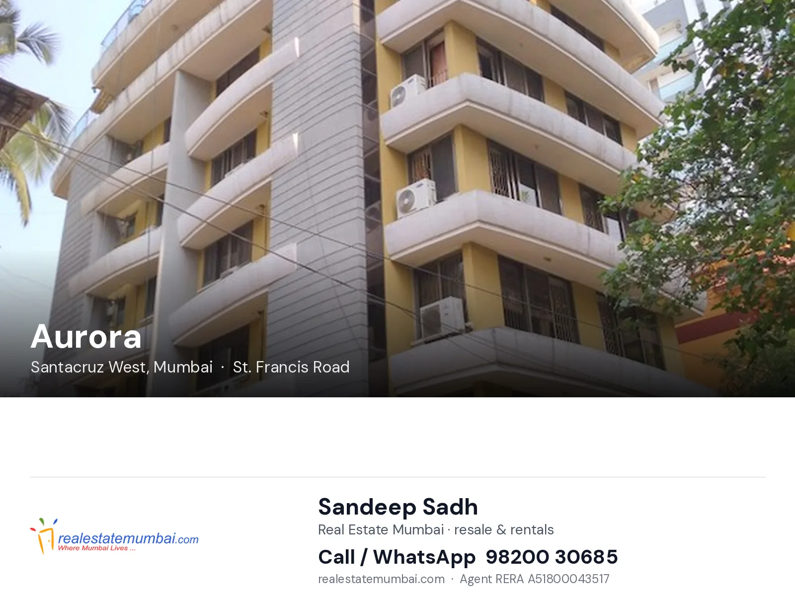 Aurora, Santacruz West, Mumbai — flats | Real Estate Mumbai, Sandeep Sadh 98200 30685