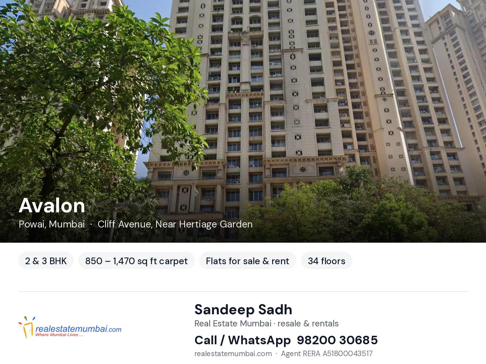 Avalon, Powai, Mumbai — 2 & 3 BHK flats for sale & rent | Real Estate Mumbai, Sandeep Sadh 98200 30685
