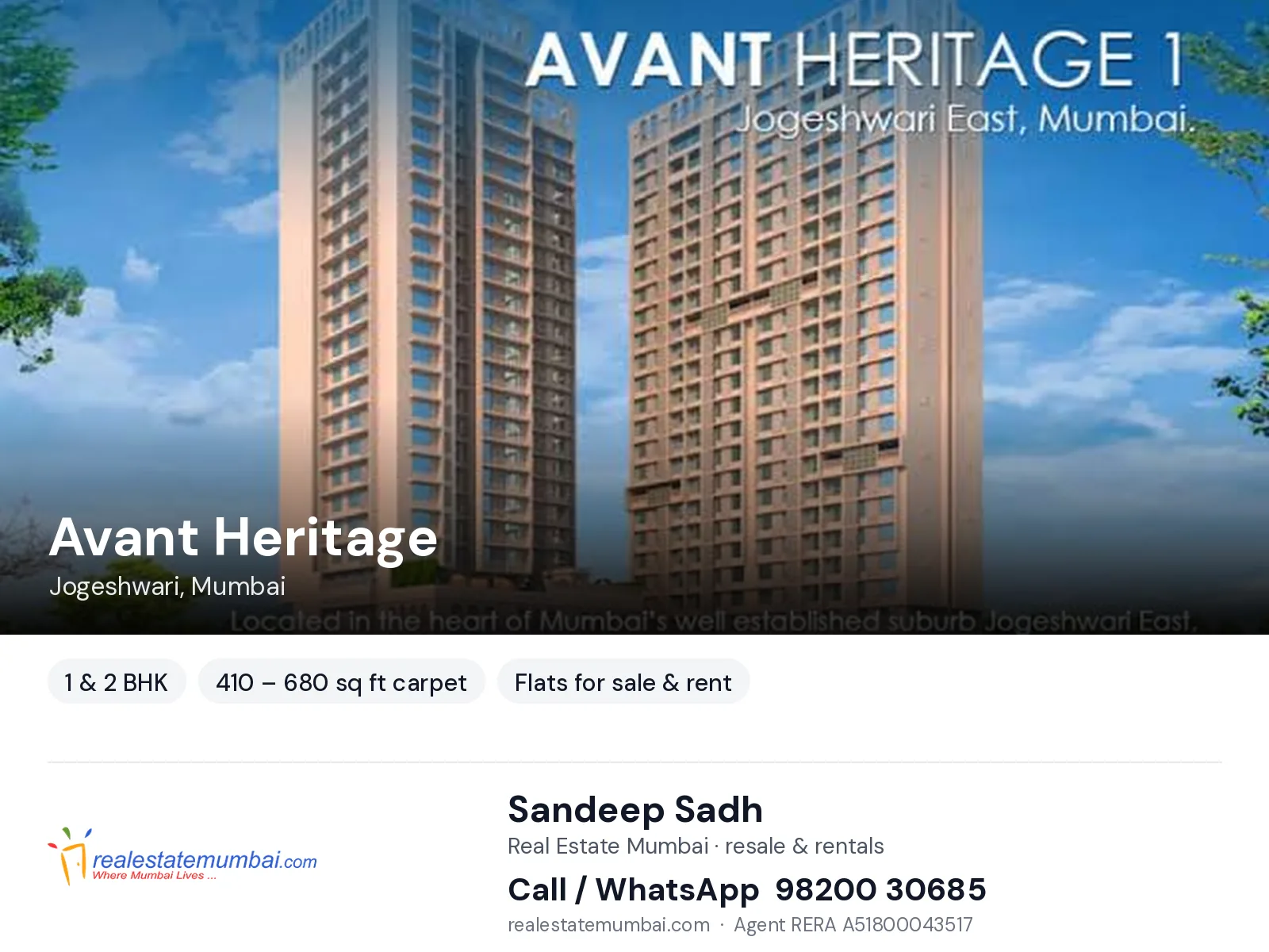 Avant Heritage, Jogeshwari, Mumbai — 1 & 2 BHK flats for sale & rent | Real Estate Mumbai, Sandeep Sadh 98200 30685
