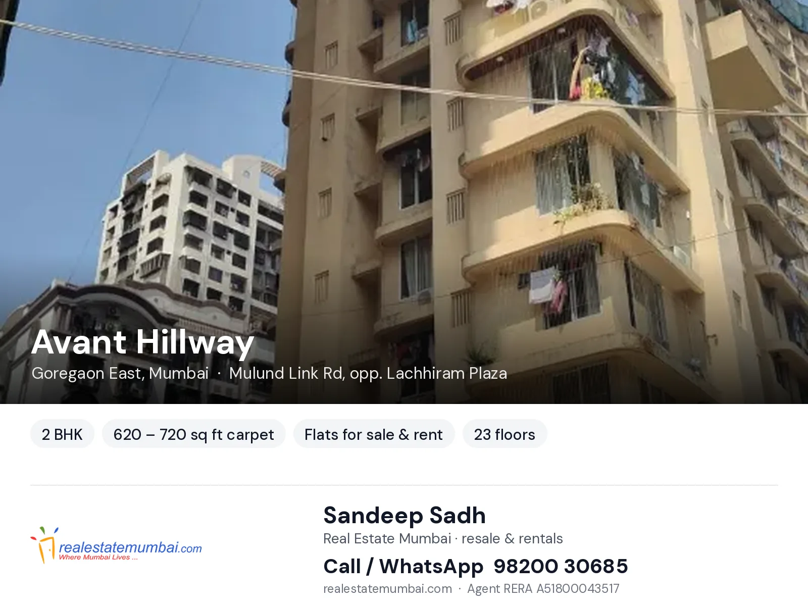 Avant Hillway, Goregaon East, Mumbai — 2 BHK flats for sale & rent | Real Estate Mumbai, Sandeep Sadh 98200 30685