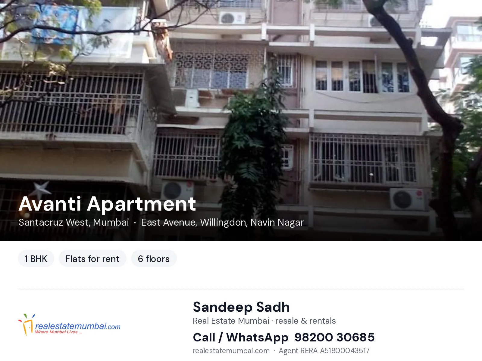 Avanti Apartment, Santacruz West, Mumbai — 1 BHK flats for rent | Real Estate Mumbai, Sandeep Sadh 98200 30685