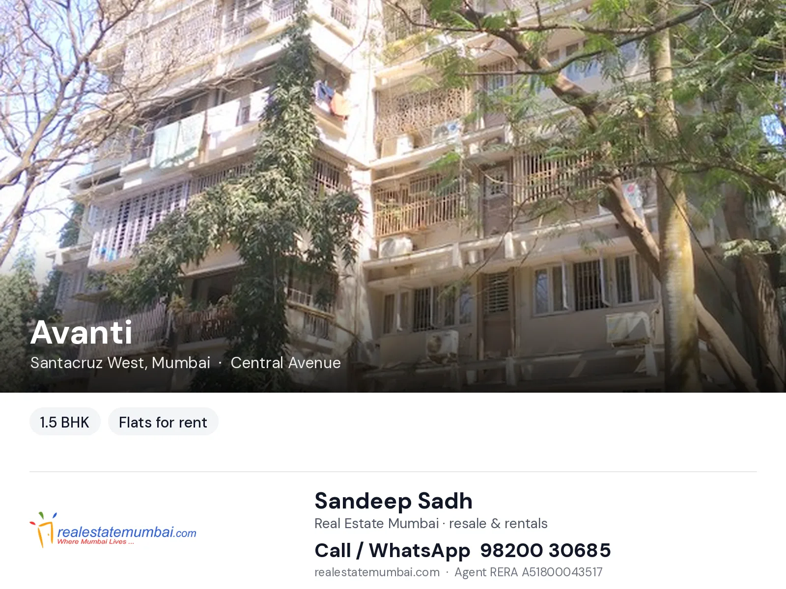 Avanti, Santacruz West, Mumbai — 1.5 BHK flats for rent | Real Estate Mumbai, Sandeep Sadh 98200 30685