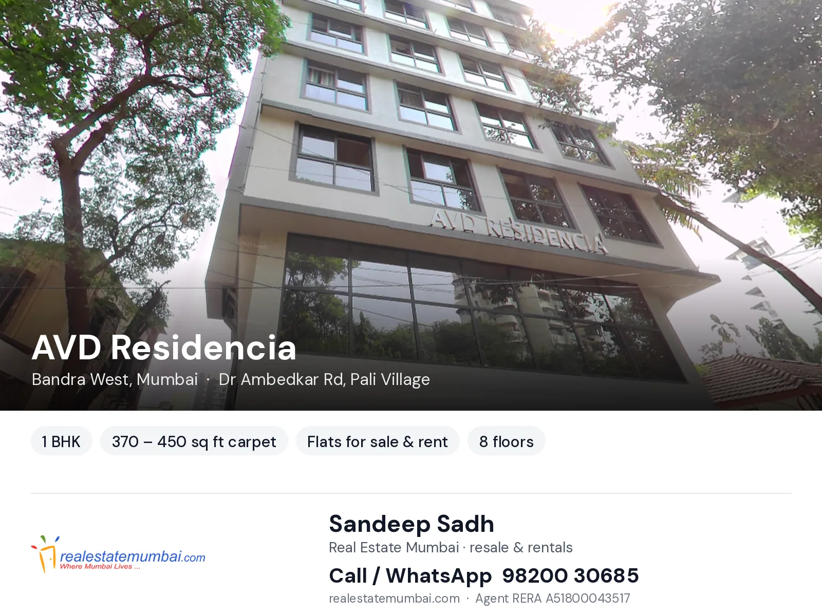 AVD Residencia, Bandra West, Mumbai — 1 BHK flats for sale & rent | Real Estate Mumbai, Sandeep Sadh 98200 30685