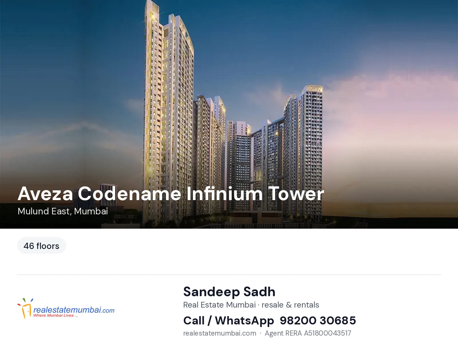 Aveza Codename Infinium Tower, Mulund East, Mumbai — flats | Real Estate Mumbai, Sandeep Sadh 98200 30685