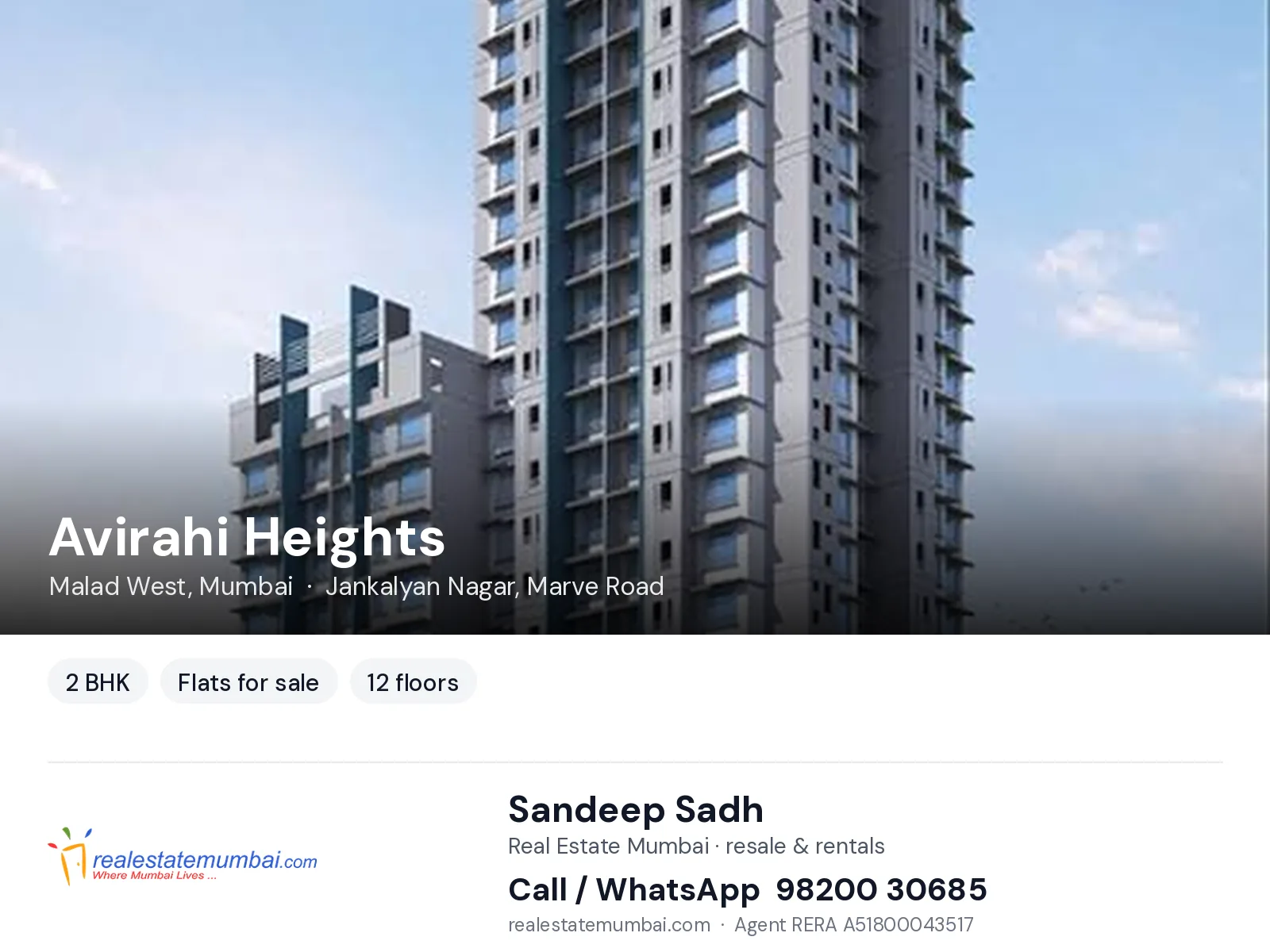 Avirahi Heights, Malad West, Mumbai — 2 BHK flats for sale | Real Estate Mumbai, Sandeep Sadh 98200 30685