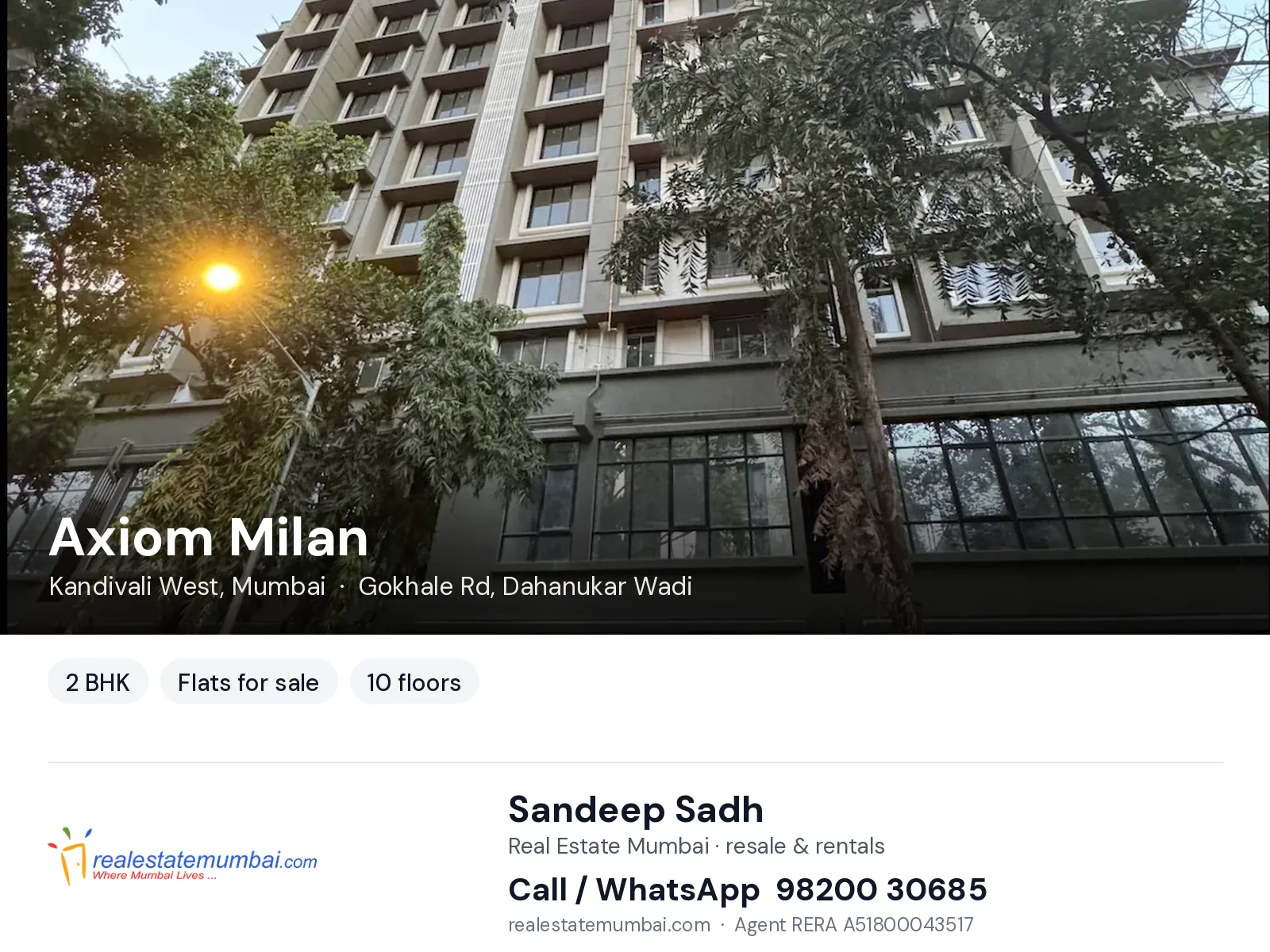 Axiom Milan, Kandivali West, Mumbai — 2 BHK flats for sale | Real Estate Mumbai, Sandeep Sadh 98200 30685
