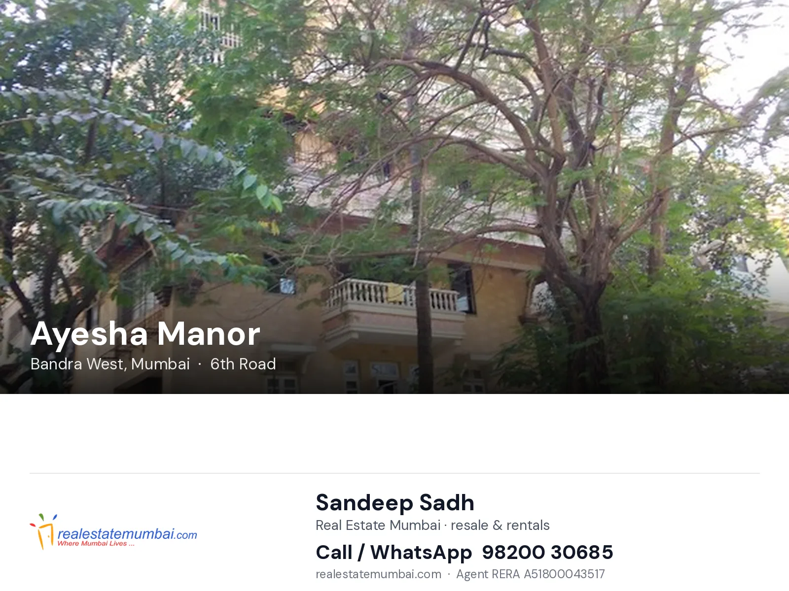 Ayesha Manor, Bandra West, Mumbai — flats | Real Estate Mumbai, Sandeep Sadh 98200 30685