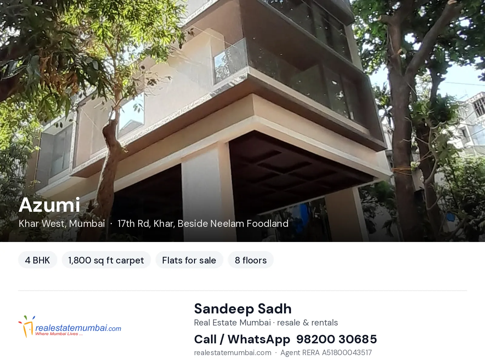 Azumi, Khar West, Mumbai — 4 BHK flats for sale | Real Estate Mumbai, Sandeep Sadh 98200 30685