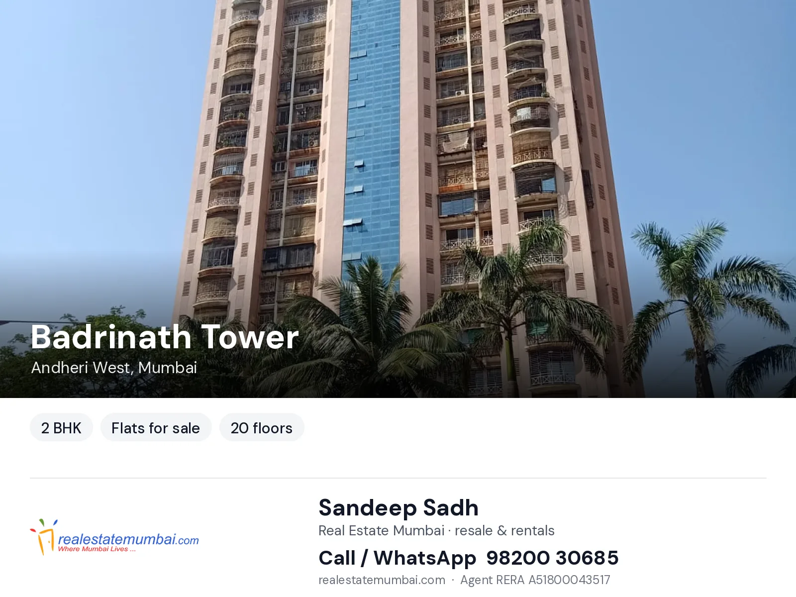 Badrinath Tower, Andheri West, Mumbai — 2 BHK flats for sale | Real Estate Mumbai, Sandeep Sadh 98200 30685