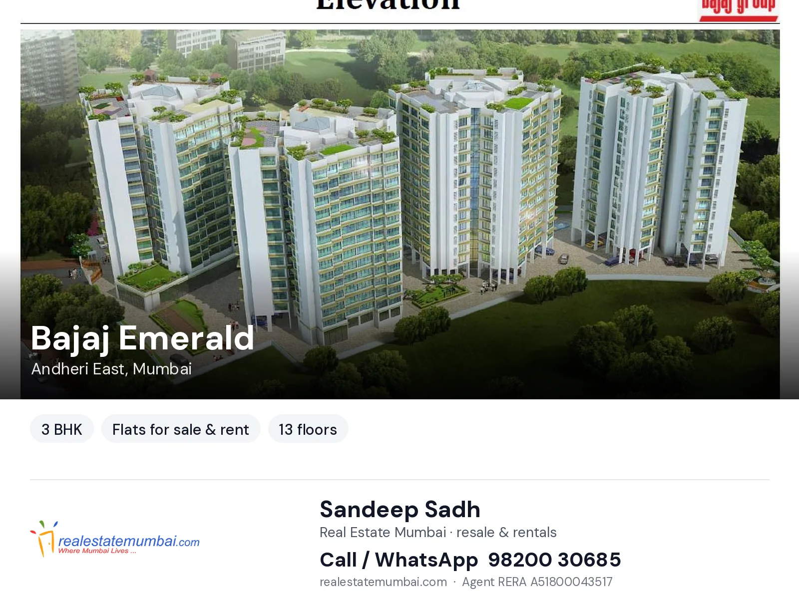 Bajaj Emerald, Andheri East, Mumbai — 3 BHK flats for sale & rent | Real Estate Mumbai, Sandeep Sadh 98200 30685