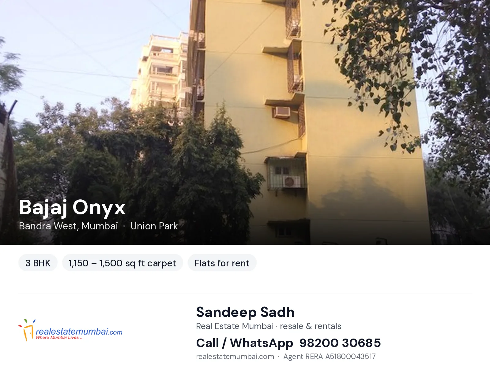 Bajaj Onyx, Bandra West, Mumbai — 3 BHK flats for rent | Real Estate Mumbai, Sandeep Sadh 98200 30685
