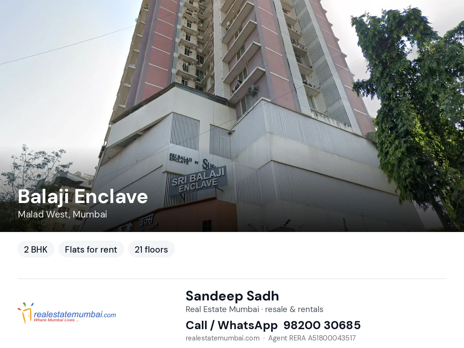 Balaji Enclave, Malad West, Mumbai — 2 BHK flats for rent | Real Estate Mumbai, Sandeep Sadh 98200 30685