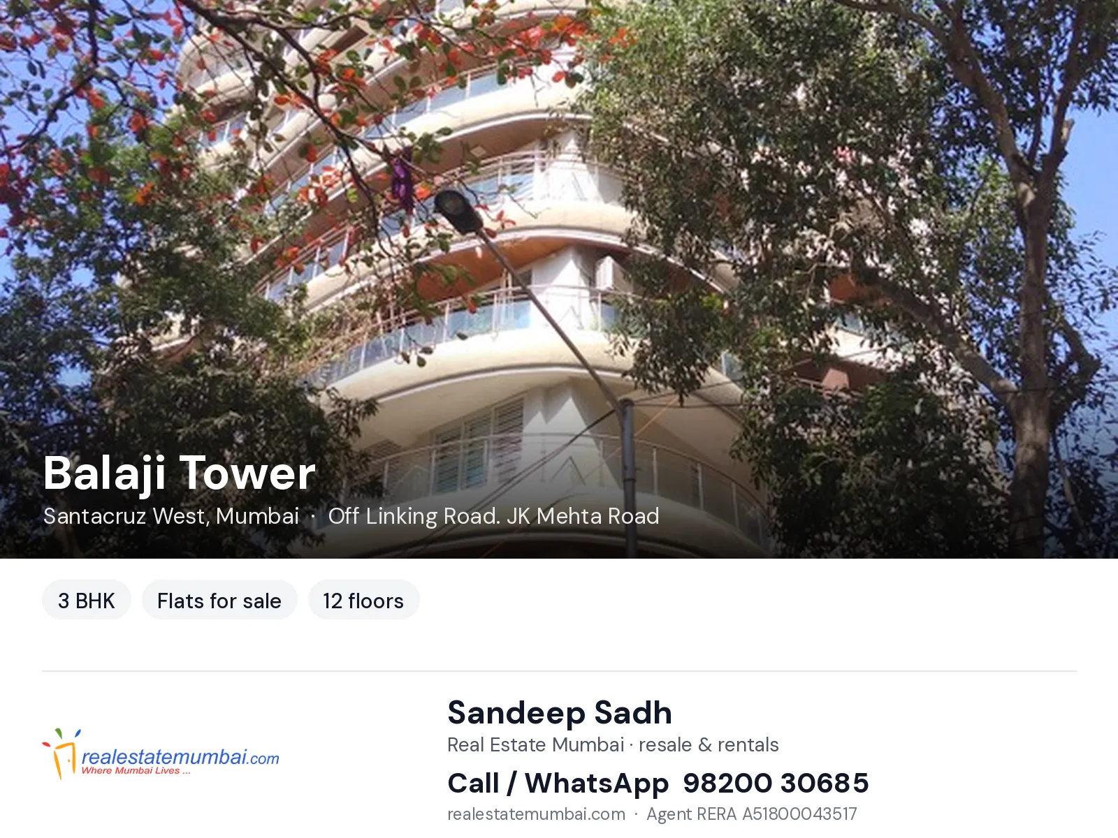 Balaji Tower, Santacruz West, Mumbai — 3 BHK flats for sale | Real Estate Mumbai, Sandeep Sadh 98200 30685