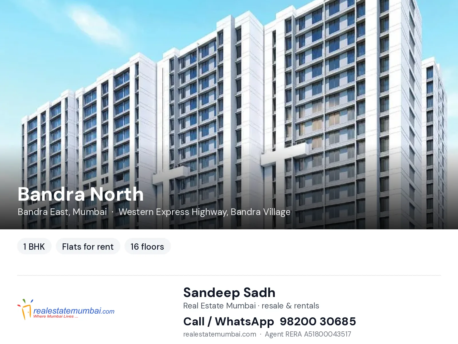 Bandra North, Bandra East, Mumbai — 1 BHK flats for rent | Real Estate Mumbai, Sandeep Sadh 98200 30685