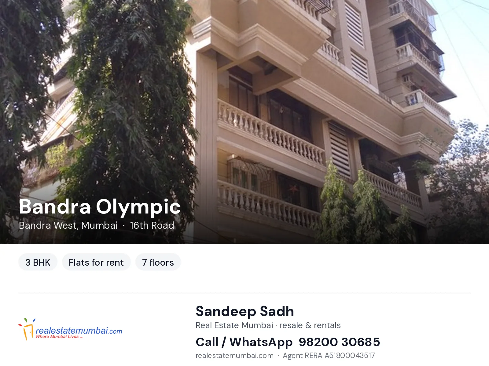 Bandra Olympic, Bandra West, Mumbai — 3 BHK flats for rent | Real Estate Mumbai, Sandeep Sadh 98200 30685