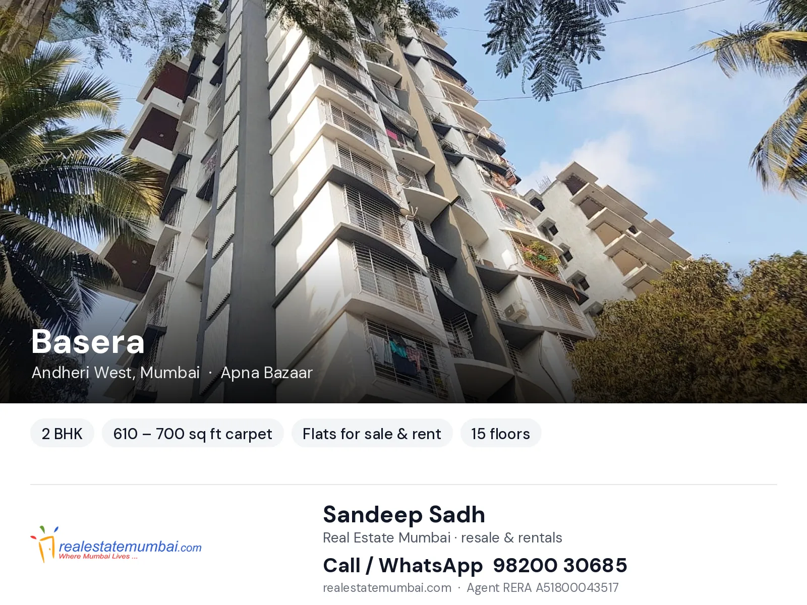 Basera, Andheri West, Mumbai — 2 BHK flats for sale & rent | Real Estate Mumbai, Sandeep Sadh 98200 30685