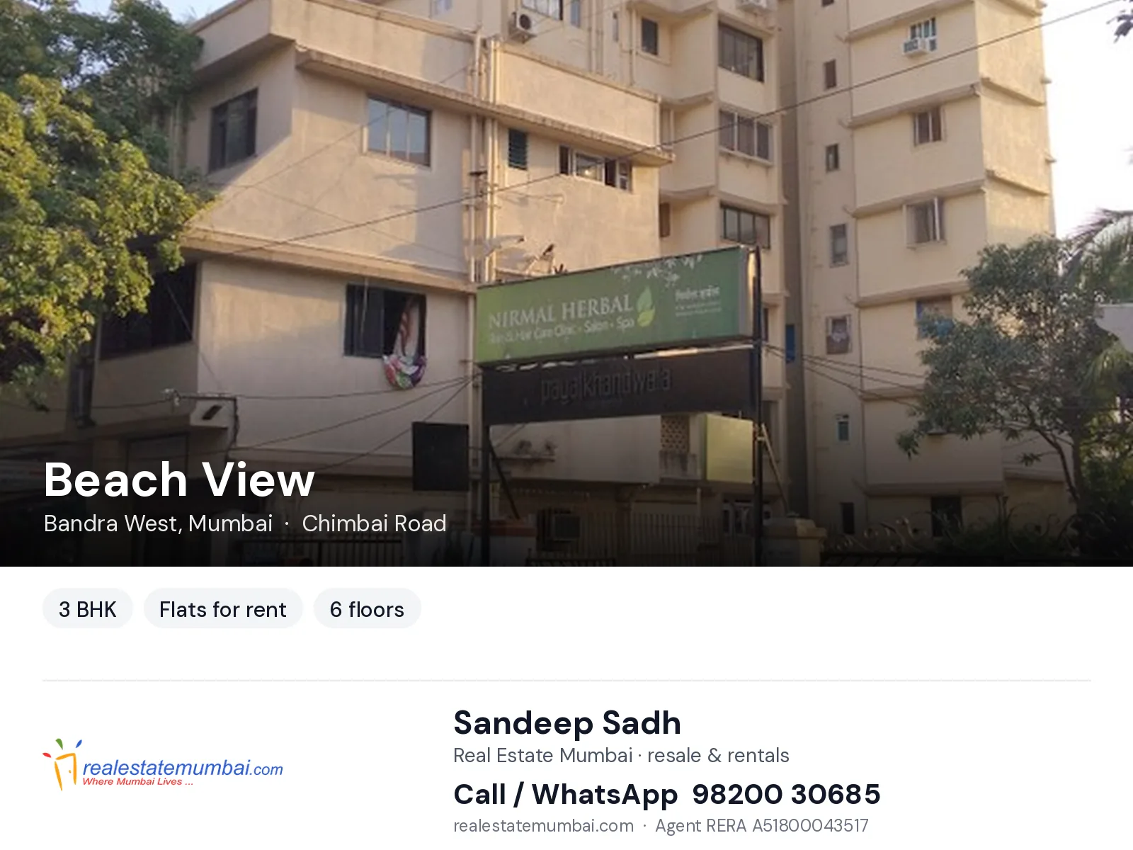 Beach View, Bandra West, Mumbai — 3 BHK flats for rent | Real Estate Mumbai, Sandeep Sadh 98200 30685