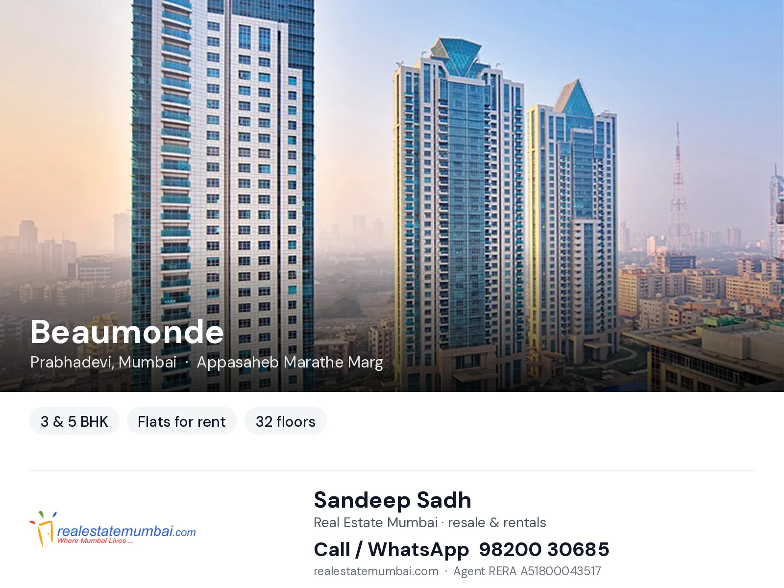 Beaumonde, Prabhadevi, Mumbai — 3 & 5 BHK flats for rent | Real Estate Mumbai, Sandeep Sadh 98200 30685
