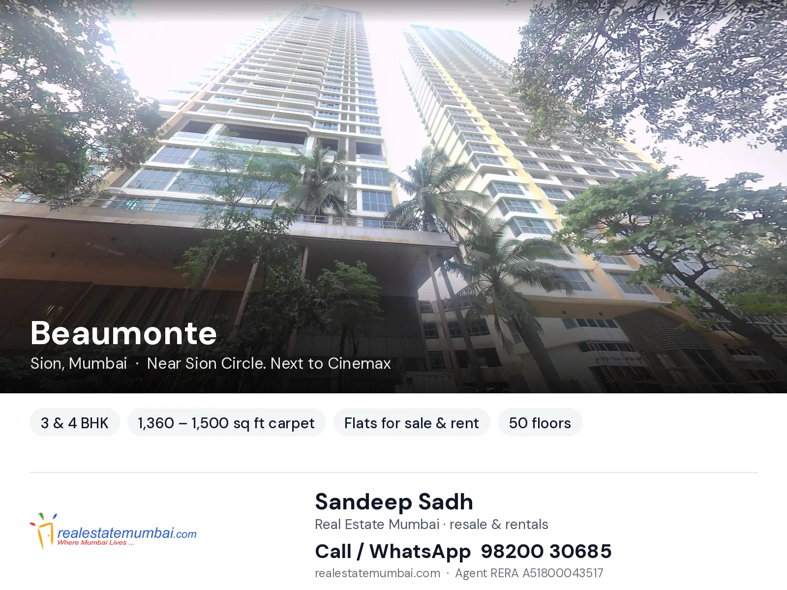 Beaumonte, Sion, Mumbai — 3 & 4 BHK flats for sale & rent | Real Estate Mumbai, Sandeep Sadh 98200 30685