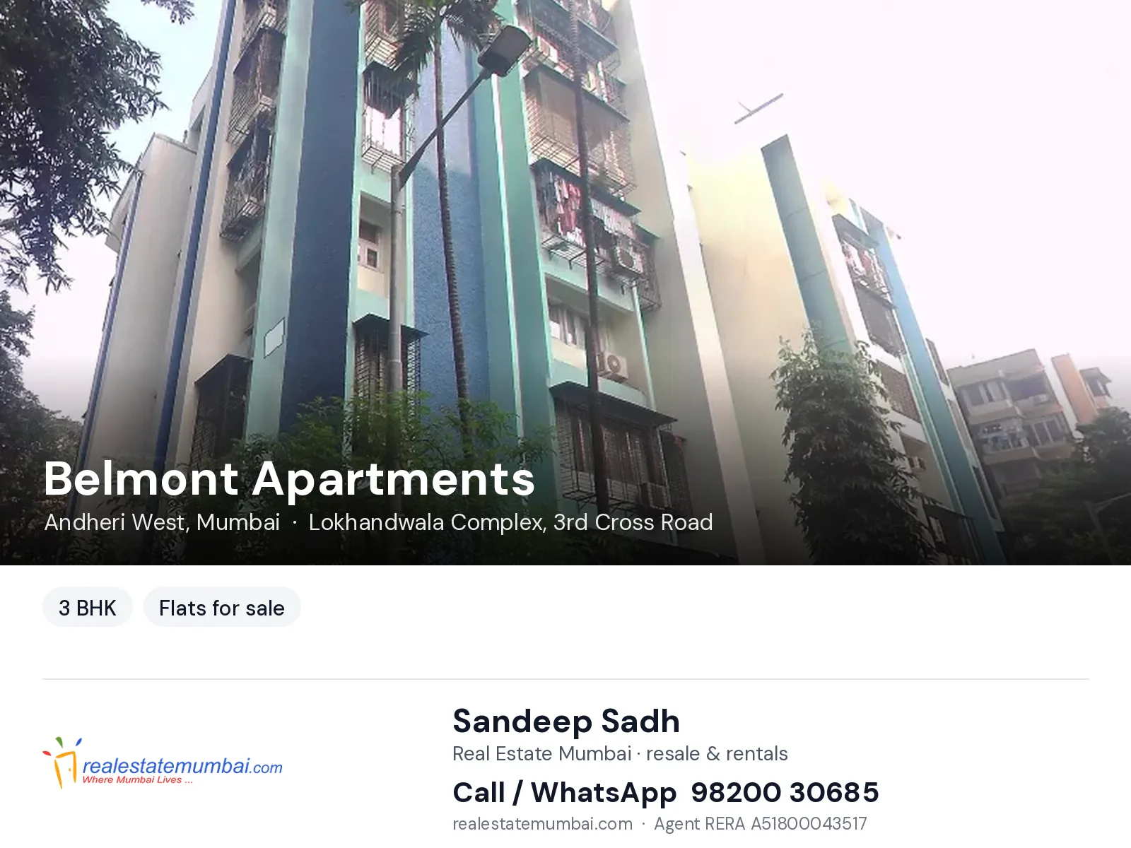 Belmont Apartments, Andheri West, Mumbai — 3 BHK flats for sale | Real Estate Mumbai, Sandeep Sadh 98200 30685