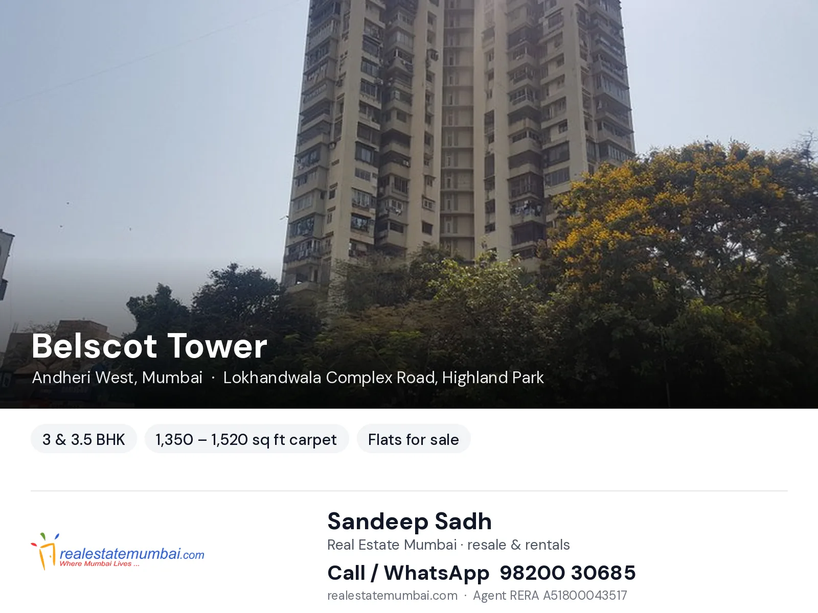Belscot Tower, Andheri West, Mumbai — 3 & 3.5 BHK flats for sale | Real Estate Mumbai, Sandeep Sadh 98200 30685