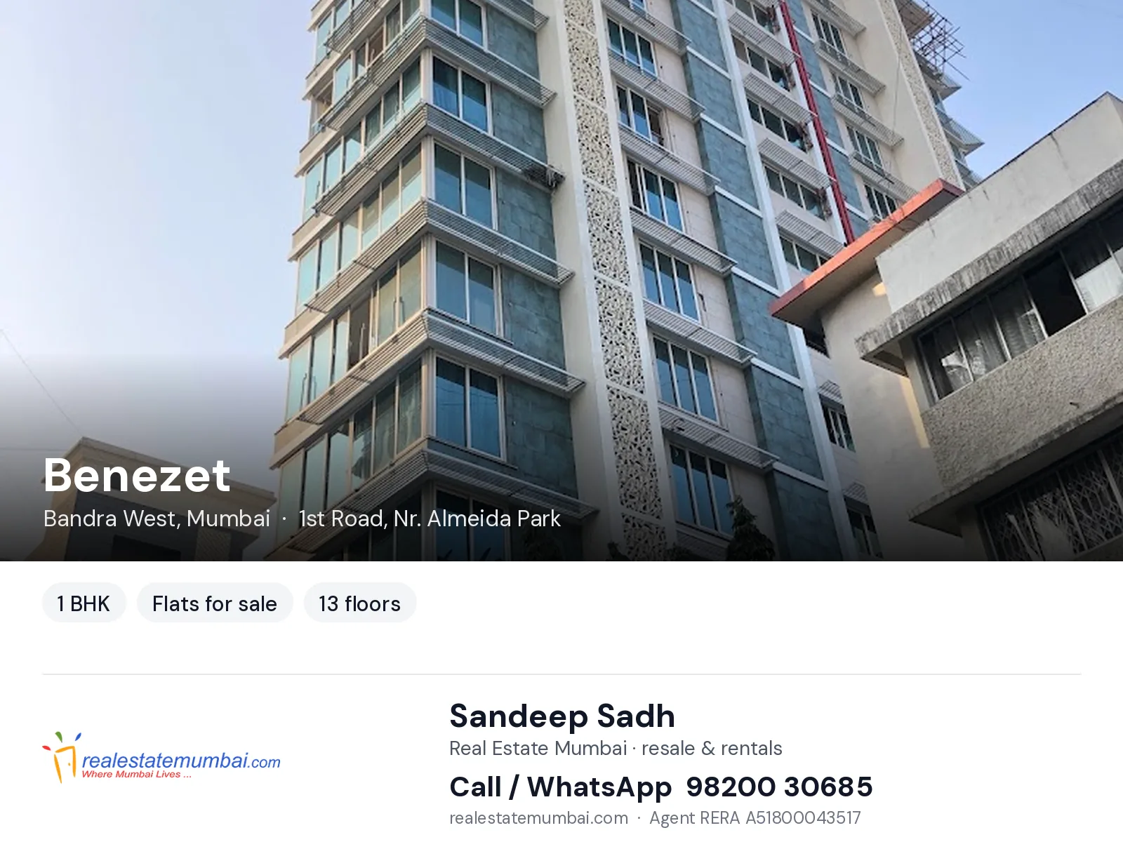 Benezet, Bandra West, Mumbai — 1 BHK flats for sale | Real Estate Mumbai, Sandeep Sadh 98200 30685
