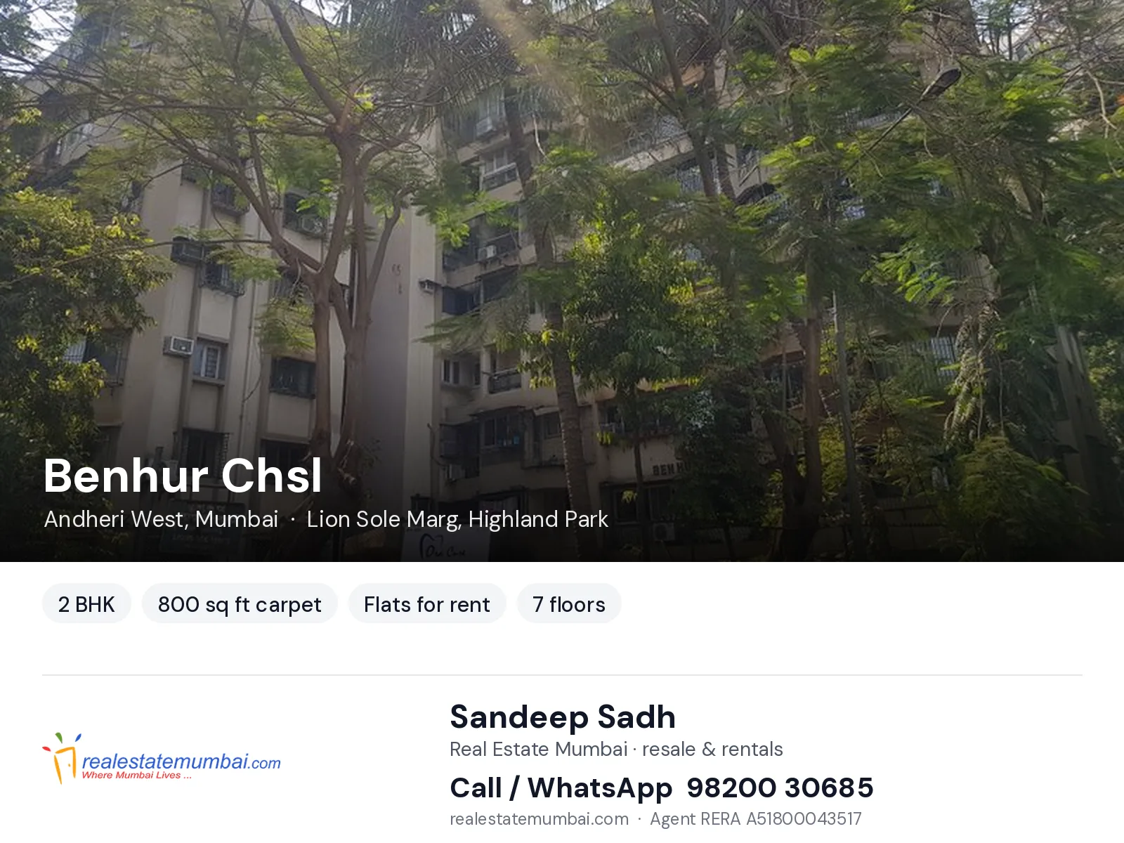 Benhur Chsl, Andheri West, Mumbai — 2 BHK flats for rent | Real Estate Mumbai, Sandeep Sadh 98200 30685