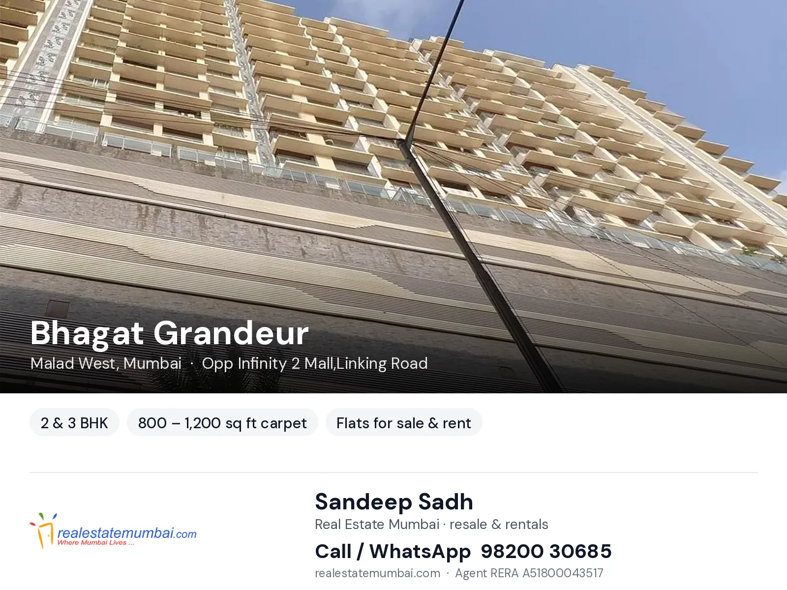 Bhagat Grandeur, Malad West, Mumbai — 2 & 3 BHK flats for sale & rent | Real Estate Mumbai, Sandeep Sadh 98200 30685