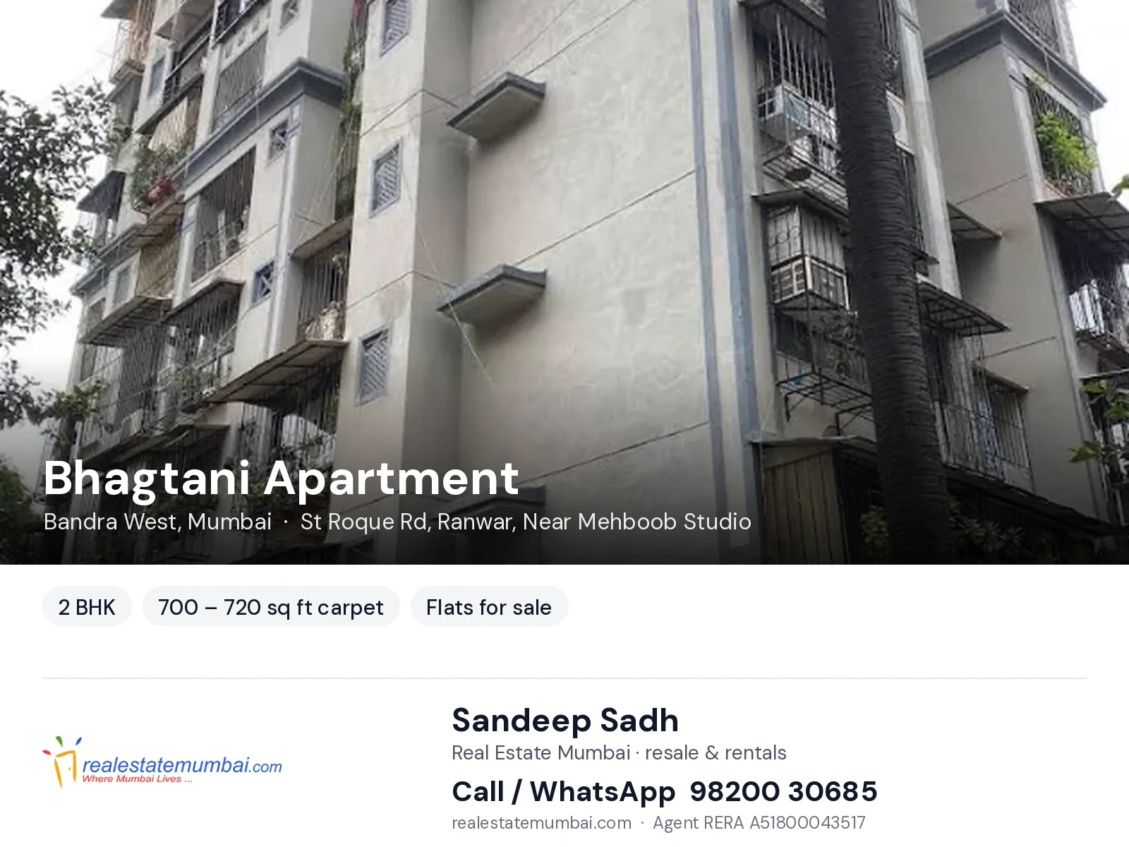 Bhagtani Apartment, Bandra West, Mumbai — 2 BHK flats for sale | Real Estate Mumbai, Sandeep Sadh 98200 30685