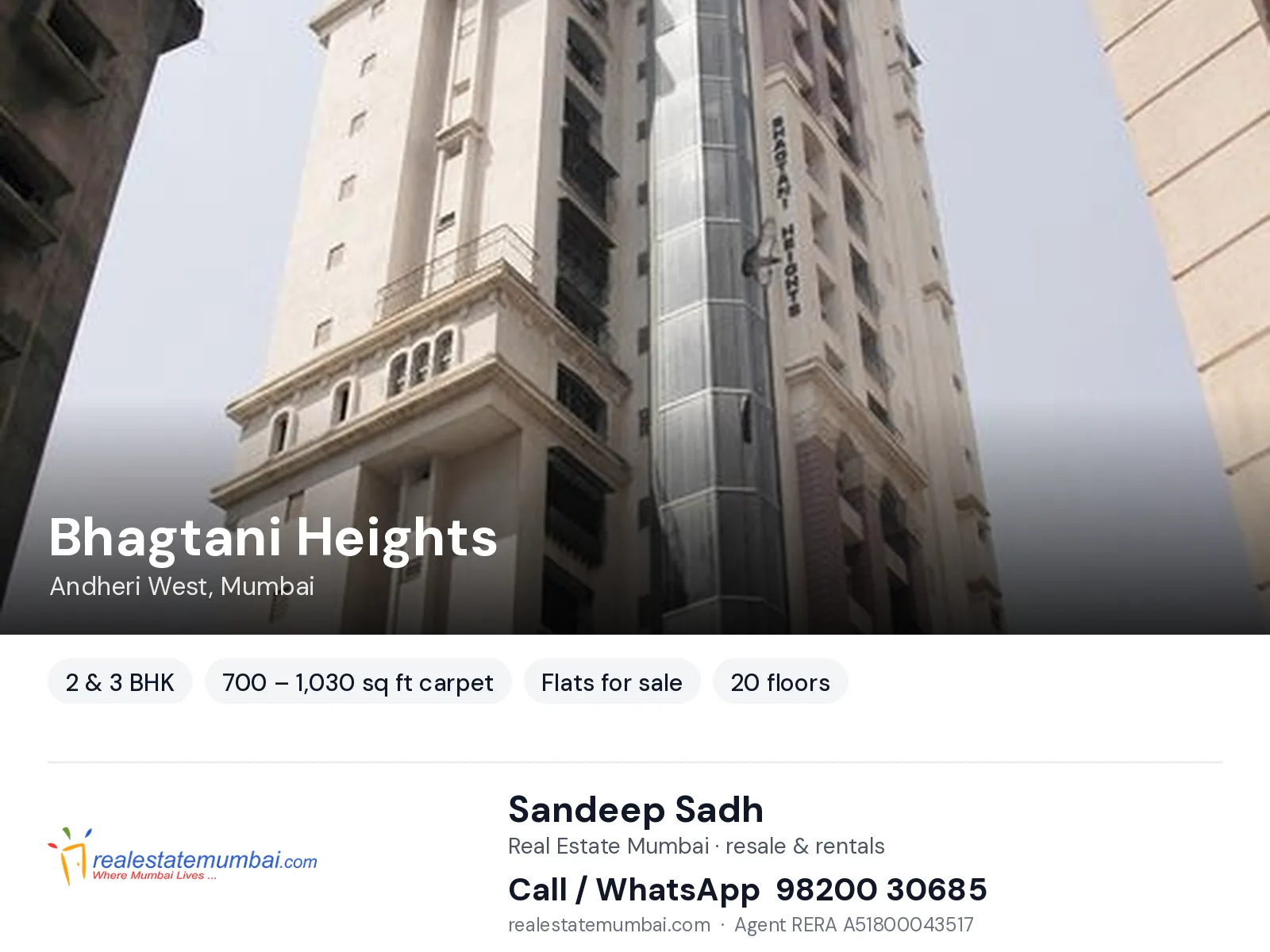 Bhagtani Heights, Andheri West, Mumbai — 2 & 3 BHK flats for sale | Real Estate Mumbai, Sandeep Sadh 98200 30685