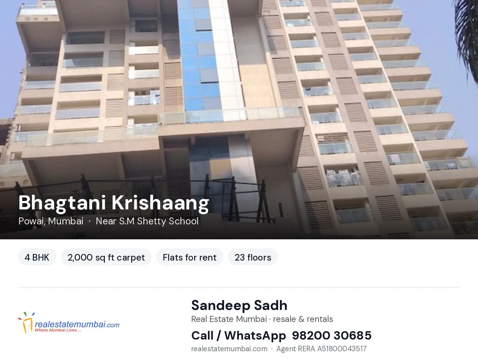 Bhagtani Krishaang, Powai, Mumbai — 4 BHK flats for rent | Real Estate Mumbai, Sandeep Sadh 98200 30685