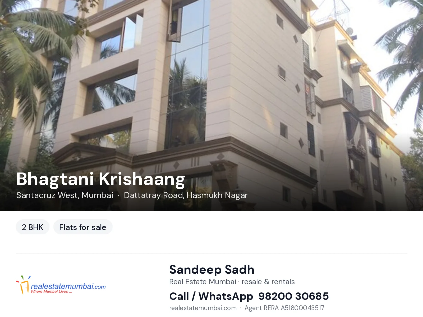 Bhagtani Krishaang, Santacruz West, Mumbai — 2 BHK flats for sale | Real Estate Mumbai, Sandeep Sadh 98200 30685