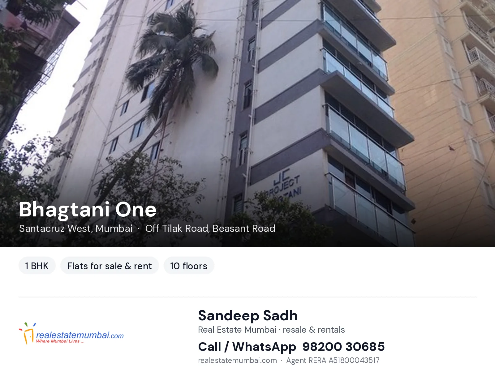 Bhagtani One, Santacruz West, Mumbai — 1 BHK flats for sale & rent | Real Estate Mumbai, Sandeep Sadh 98200 30685