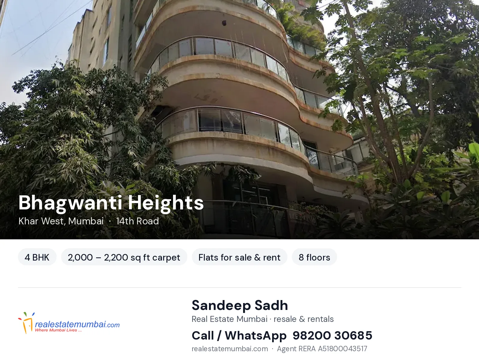 Bhagwanti Heights, Khar West, Mumbai — 4 BHK flats for sale & rent | Real Estate Mumbai, Sandeep Sadh 98200 30685