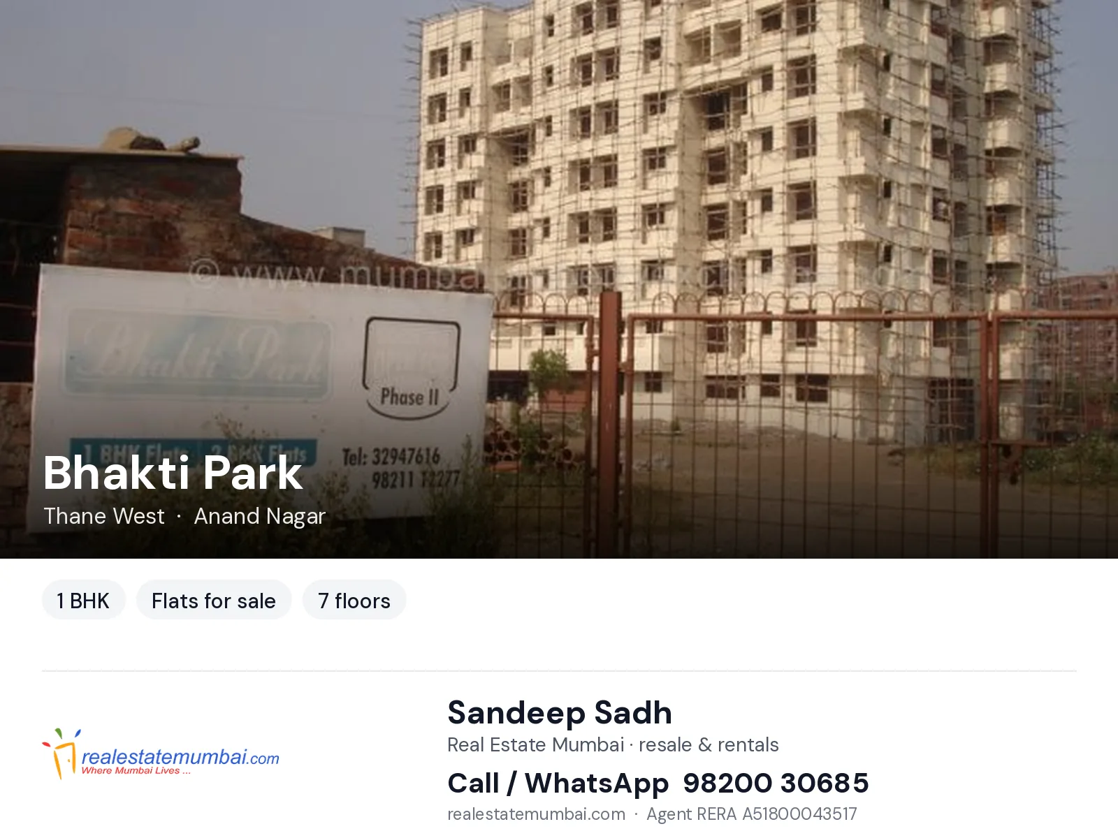 Bhakti Park, Thane West — 1 BHK flats for sale | Real Estate Mumbai, Sandeep Sadh 98200 30685