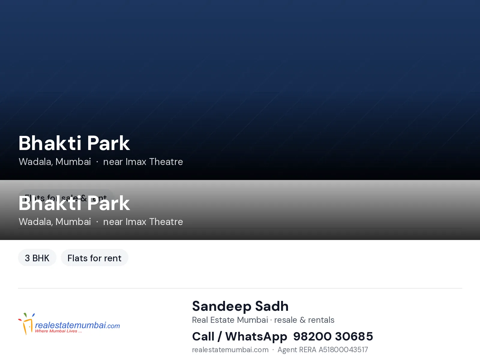 Bhakti Park, Wadala, Mumbai — 3 BHK flats for rent | Real Estate Mumbai, Sandeep Sadh 98200 30685