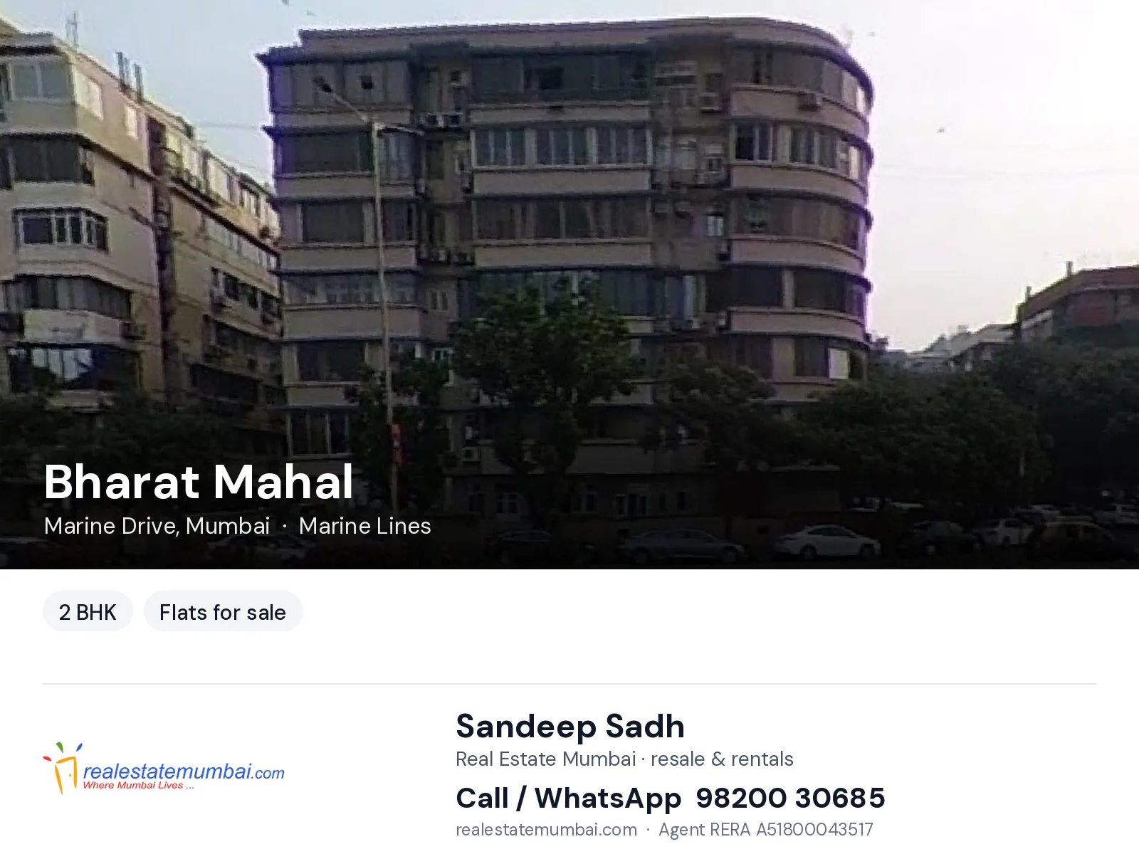 Bharat Mahal, Marine Drive, Mumbai — 2 BHK flats for sale | Real Estate Mumbai, Sandeep Sadh 98200 30685