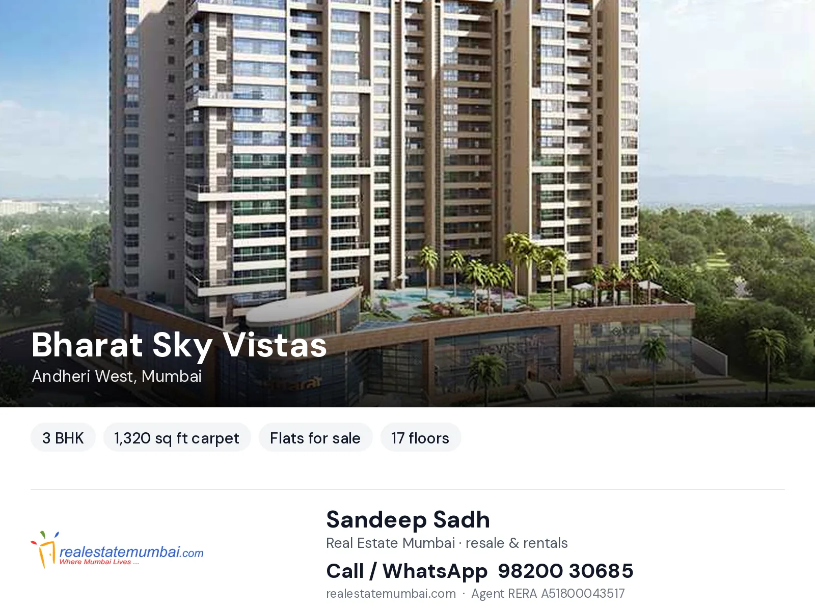 Bharat Sky Vistas, Andheri West, Mumbai — 3 BHK flats for sale | Real Estate Mumbai, Sandeep Sadh 98200 30685