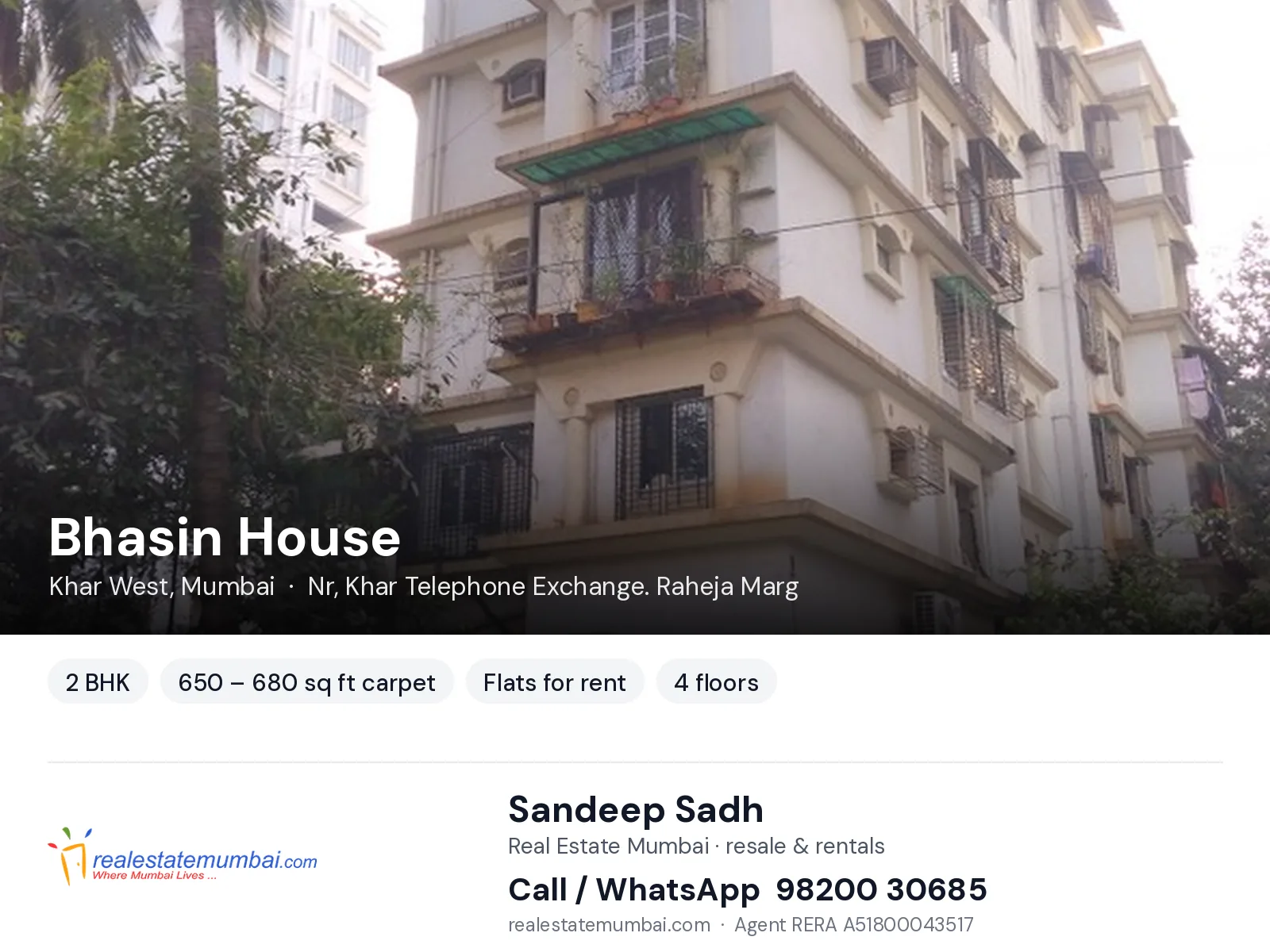Bhasin House, Khar West, Mumbai — 2 BHK flats for rent | Real Estate Mumbai, Sandeep Sadh 98200 30685