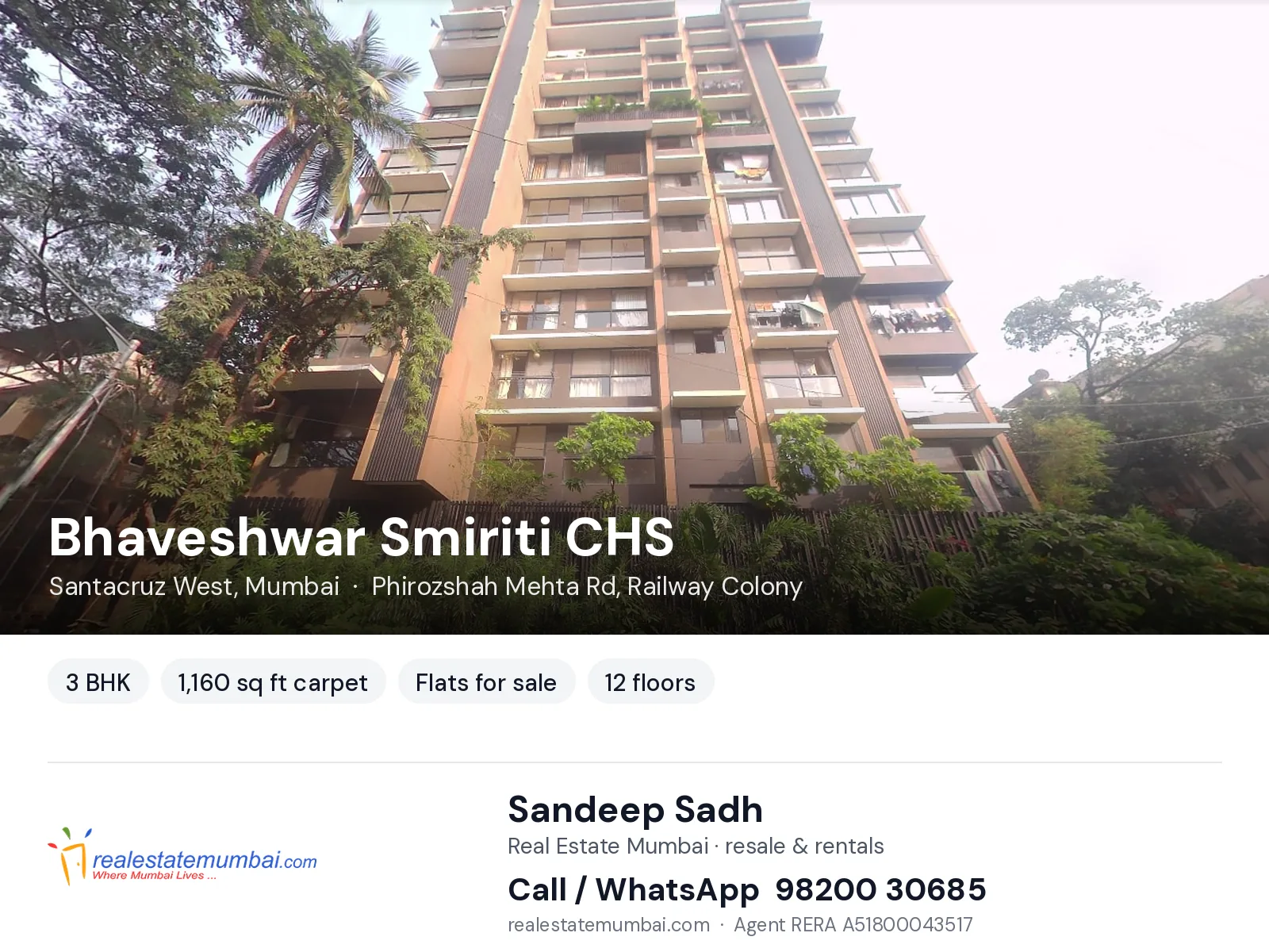 Bhaveshwar Smiriti CHS, Santacruz West, Mumbai — 3 BHK flats for sale | Real Estate Mumbai, Sandeep Sadh 98200 30685
