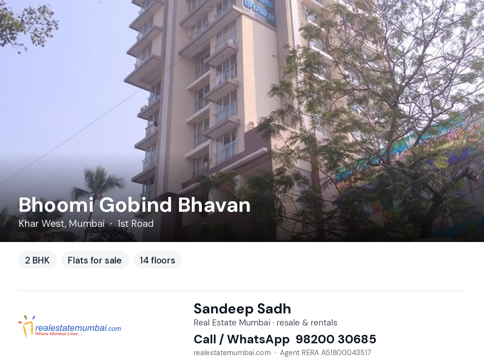 Bhoomi Gobind Bhavan, Khar West, Mumbai — 2 BHK flats for sale | Real Estate Mumbai, Sandeep Sadh 98200 30685