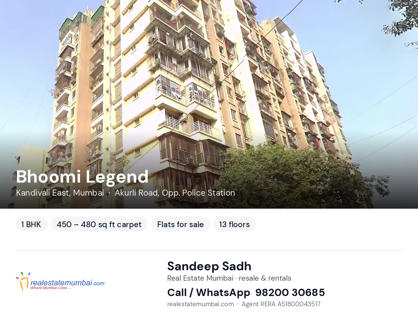 Bhoomi Legend, Kandivali East, Mumbai — 1 BHK flats for sale | Real Estate Mumbai, Sandeep Sadh 98200 30685